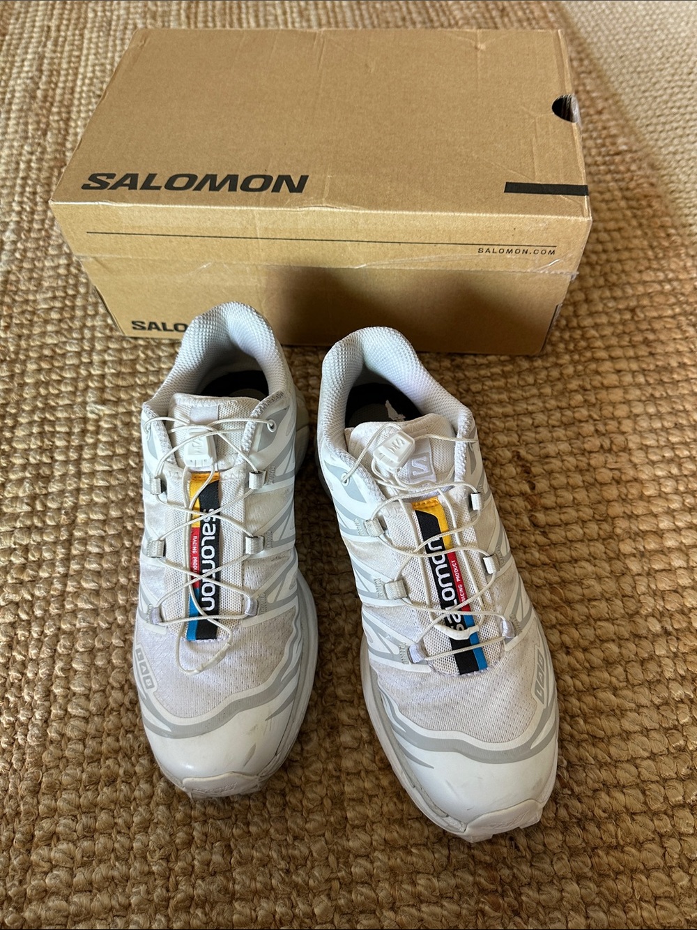 Salomon XT-6 White Athletic Trail Shoes with Multicolor Stripe Accents